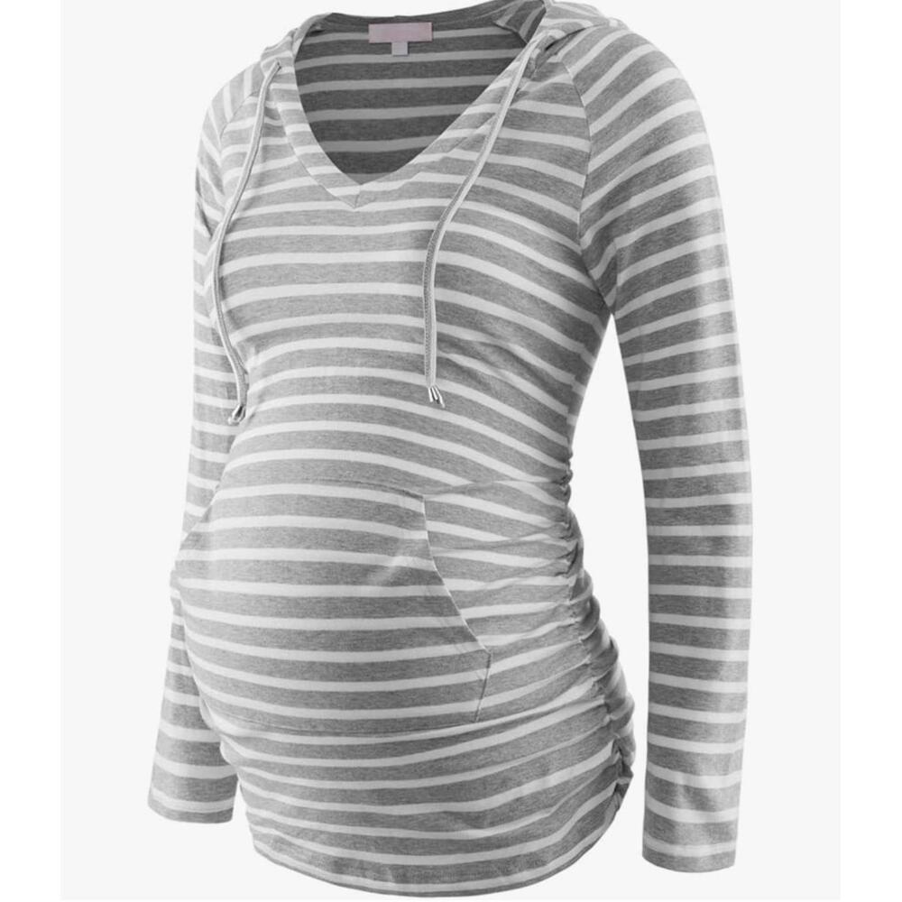 maternity lightweight pullover hoodie - striped grey ruched sides- Small (NWT)